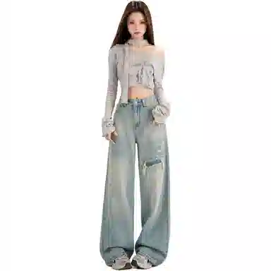 淑好百 复古水洗磨损高腰牛仔裤 女款