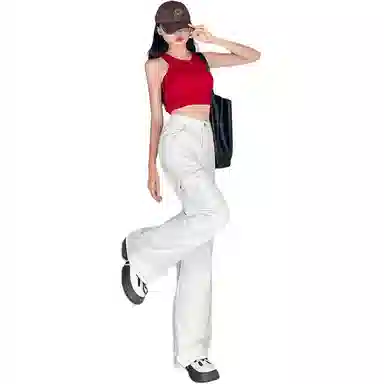 淑好百 白色阔腿裤街头牛仔裤 女款