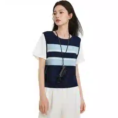 爱依服 通勤气质条纹短袖针织衫 女款