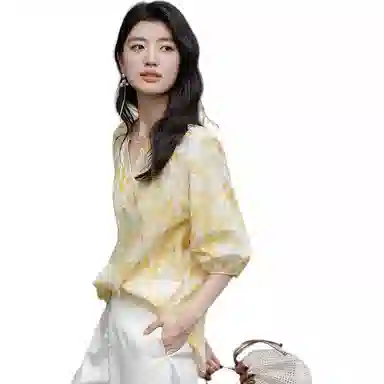 【dme】 印花插肩袖五分袖短袖圆领衬衫 女款