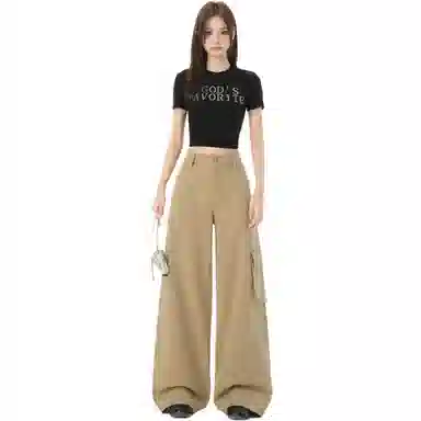 淑好百 多口袋设计复古阔腿高腰牛仔裤 女款