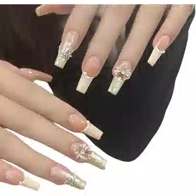 柚予颜 手工穿戴甲高级感千金法式水钻蝴蝶结珍珠链美甲  梯型裸色晕染 纯欲