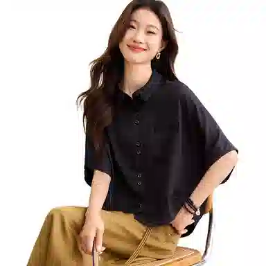 曲韩 气质高级感中袖纯色蝙蝠袖翻领短袖衬衫 女款