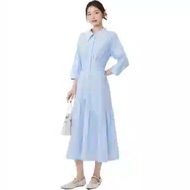 爱依服 纯色翻领舒适七分袖长袖连衣裙 女款