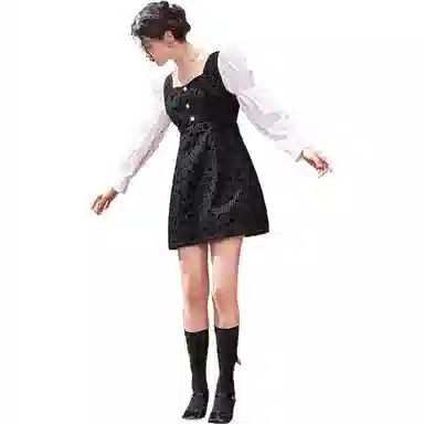 太平鸟 拼接纽扣方领短款长袖连衣裙 黑色