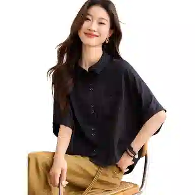 曲韩 气质高级感中袖纯色蝙蝠袖翻领短袖衬衫 女款