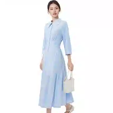 爱依服 纯色翻领舒适七分袖长袖连衣裙 女款