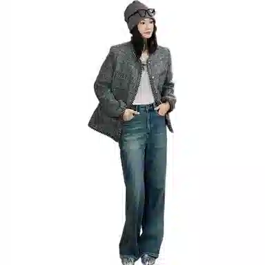 美洋 绵羊毛混纺粗花呢圆领夹克 女款