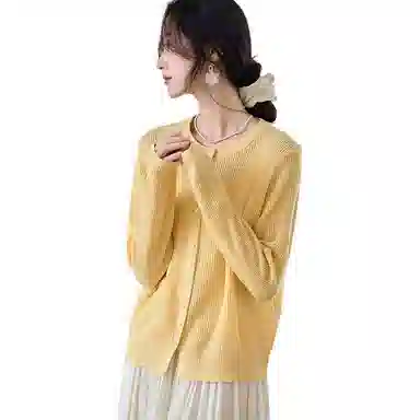 曲韩 圆领镂空外搭纯色常规长袖针织衫 女款