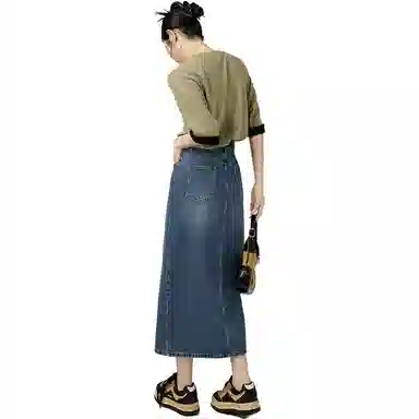 美洋 复古高腰直筒开叉中长款三角牛仔半身裙 牛仔蓝