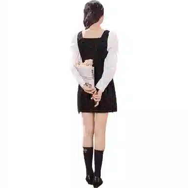 太平鸟 拼接纽扣方领短款长袖连衣裙 黑色