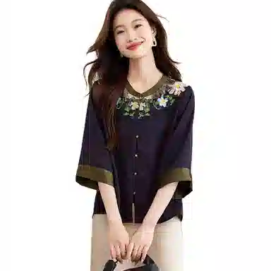曲韩 洋气印花常规七分袖圆领衬衫 女款