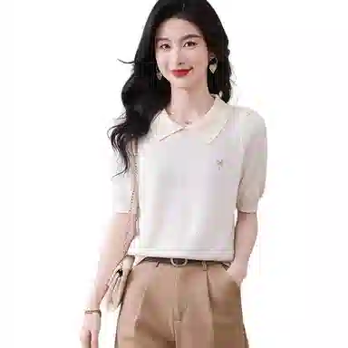 曲韩 拼色娃娃领植物花卉短袖圆领针织衫 女款