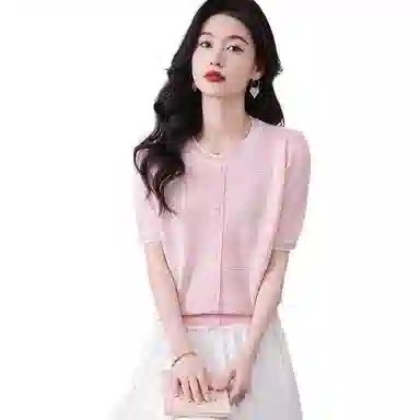 曲韩 提花气质爱心短袖圆领针织衫 女款