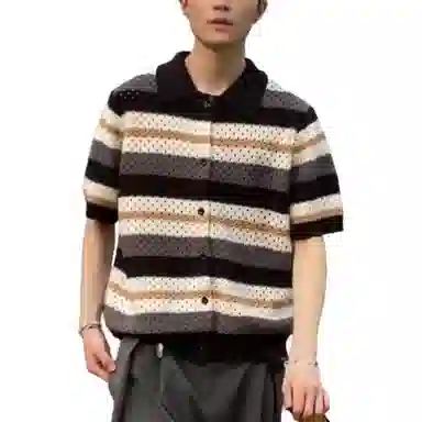 虫小绿 美式复古慵懒休闲新贵老钱风针织半袖上衣衬衫 男女同款