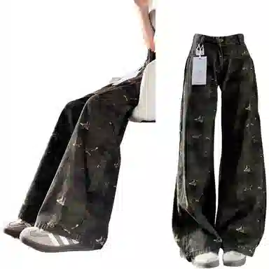 桴生 美式复古迷彩工装裤女夏季高腰显瘦宽松垂感直筒阔腿潮牛仔裤 女款