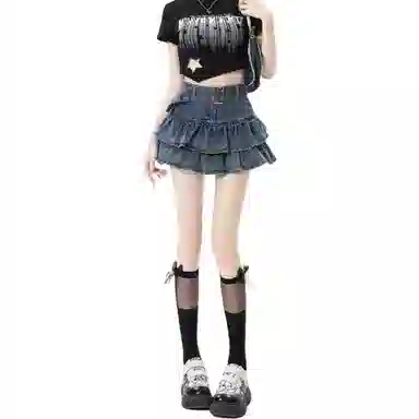 棉购 辣妹防走光半身裙蓬蓬裙简约舒适牛仔短裙 女款