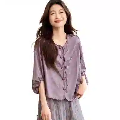 曲韩 气质高贵新中式印花灯笼袖九分袖圆领衬衫 女款