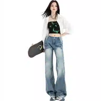 淑好百 复古裂纹宽松低腰牛仔裤 女款