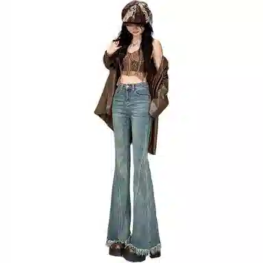 淑好百 复古蓝流苏毛边微喇叭牛仔裤 女款