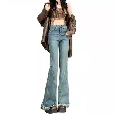 淑好百 复古蓝流苏毛边微喇叭牛仔裤 女款