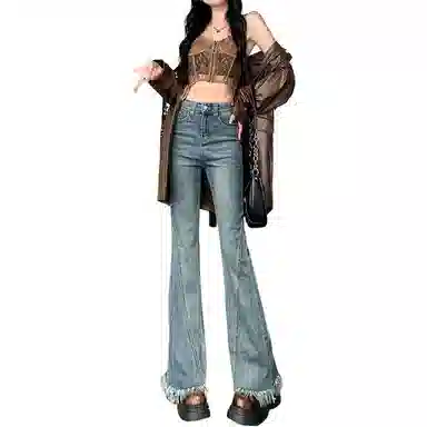 淑好百 复古蓝流苏毛边微喇叭牛仔裤 女款