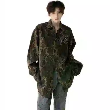 地界二 美式高街水洗豹纹夹克男潮牌嘻哈小众宽松休闲衬衣水洗豹纹牛仔外套 男款