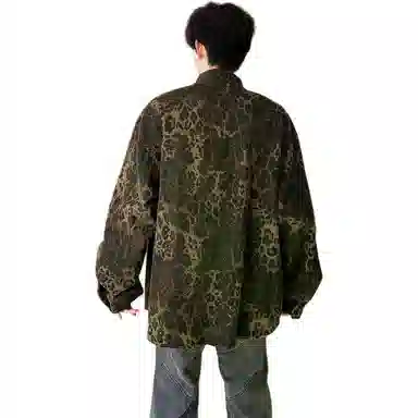 地界二 美式高街水洗豹纹夹克男潮牌嘻哈小众宽松休闲衬衣水洗豹纹牛仔外套 男款