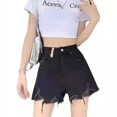 邓大喵 破洞高腰显瘦修身热裤牛仔短裤 女款