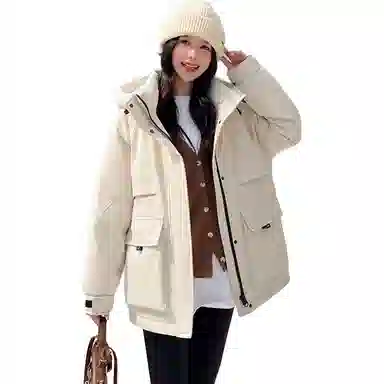 鸭鸭 纯色简约连帽常规长袖通勤面包服羽绒服 女款