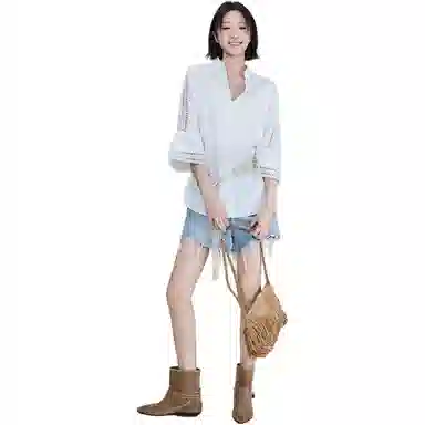 美洋 棉麻蕾丝镂空立领衬衫 女款