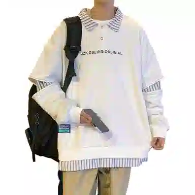 太子龍 大码印花假两件条纹卫衣 男款