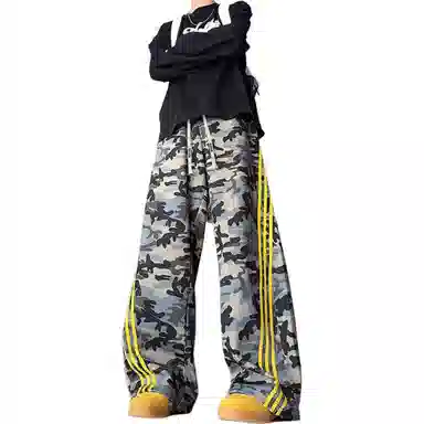 大卫贝肯 弯刀经典小众迷彩条纹微喇长裤美式高街复古品牌字母抽绳设计高级感宽松直筒显高阔腿工装休闲裤 男女同款