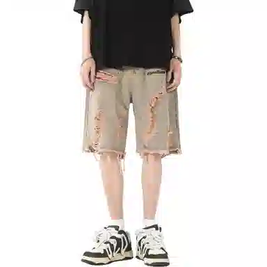 中国航天 重工水洗做旧擦脏破洞高街直筒宽松五分牛仔短裤 男女同款 黄泥色