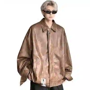 【高街废土风机车软皮衣】布客行 痞帅酷飒不羁狂野硬朗摇滚叛逆小众设计水洗做旧质感翻领宽松廓形百搭高级感日常夹克 男女同款