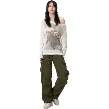 欧迪芬 美式潮流高街复古褶皱街头时尚宽松直筒工装裤 女款