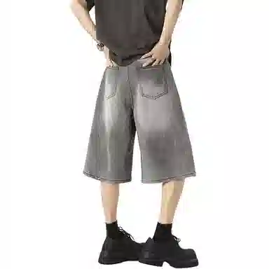 黑马漫画 设计感夏季水洗闪电纹美式高街宽松直筒牛仔短裤 男女同款