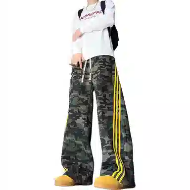 大卫贝肯 弯刀经典小众迷彩条纹微喇长裤美式高街复古品牌字母抽绳设计高级感宽松直筒显高阔腿工装休闲裤 男女同款