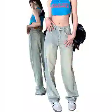 么宁 美式复古高腰做旧梨形身材显高宽松直筒阔腿拖地长裤牛仔裤 男女同款 牛仔蓝