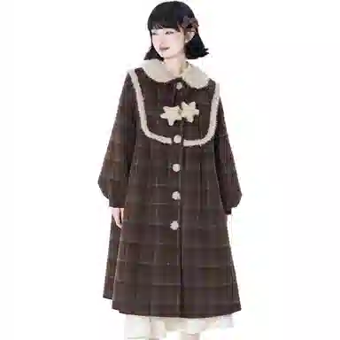 邓大喵 格子毛呢女冬季夹棉加厚中长款星星装饰灯笼袖呢外套战袍秋冬穿搭大衣 女款