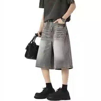 黑马漫画 设计感夏季水洗闪电纹美式高街宽松直筒牛仔短裤 男女同款