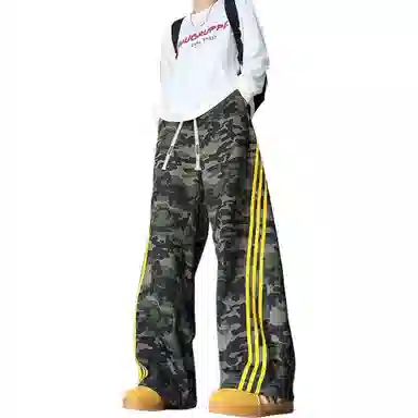 大卫贝肯 弯刀经典小众迷彩条纹微喇长裤美式高街复古品牌字母抽绳设计高级感宽松直筒显高阔腿工装休闲裤 男女同款