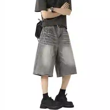 黑马漫画 设计感夏季水洗闪电纹美式高街宽松直筒牛仔短裤 男女同款