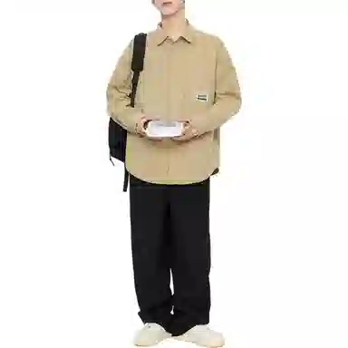 左岸 美式复古潮流百搭春秋休闲宽松上衣舒适透气纯色衬衣潮牌贴片绣花设计感双侧口袋工装风翻领开衫薄款外套衬衫 男女同款