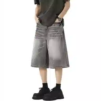 黑马漫画 设计感夏季水洗闪电纹美式高街宽松直筒牛仔短裤 男女同款