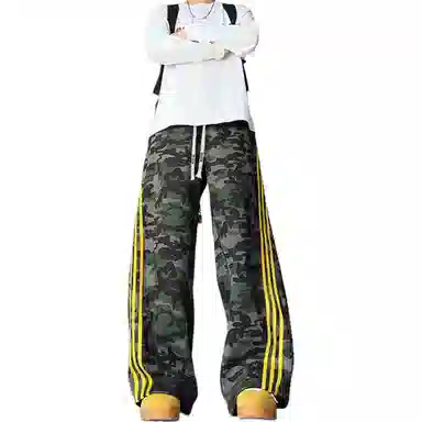 大卫贝肯 弯刀经典小众迷彩条纹微喇长裤美式高街复古品牌字母抽绳设计高级感宽松直筒显高阔腿工装休闲裤 男女同款