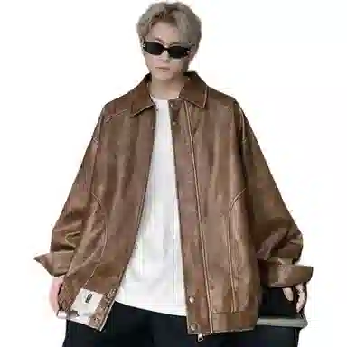 【高街废土风机车软皮衣】布客行 痞帅酷飒不羁狂野硬朗摇滚叛逆小众设计水洗做旧质感翻领宽松廓形百搭高级感日常夹克 男女同款