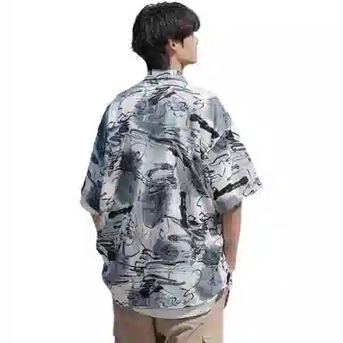 零氏 美式基础简约高街潮牌时尚个性扎染学院风翻领冰丝凉感日常运动百搭青春流行痞帅少年感舒适百搭柔软亲肤休闲短袖衬衫 男女同款