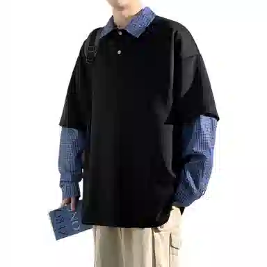 洋气先生 美式复古简约假两件拼接格纹设计感翻领宽松休闲日常百搭学院风长袖韩版高街潮牌时尚亨利领纯色文艺风户外卫衣 男女同款