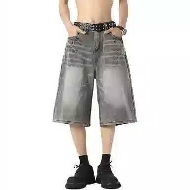 黑马漫画 设计感夏季水洗闪电纹美式高街宽松直筒牛仔短裤 男女同款